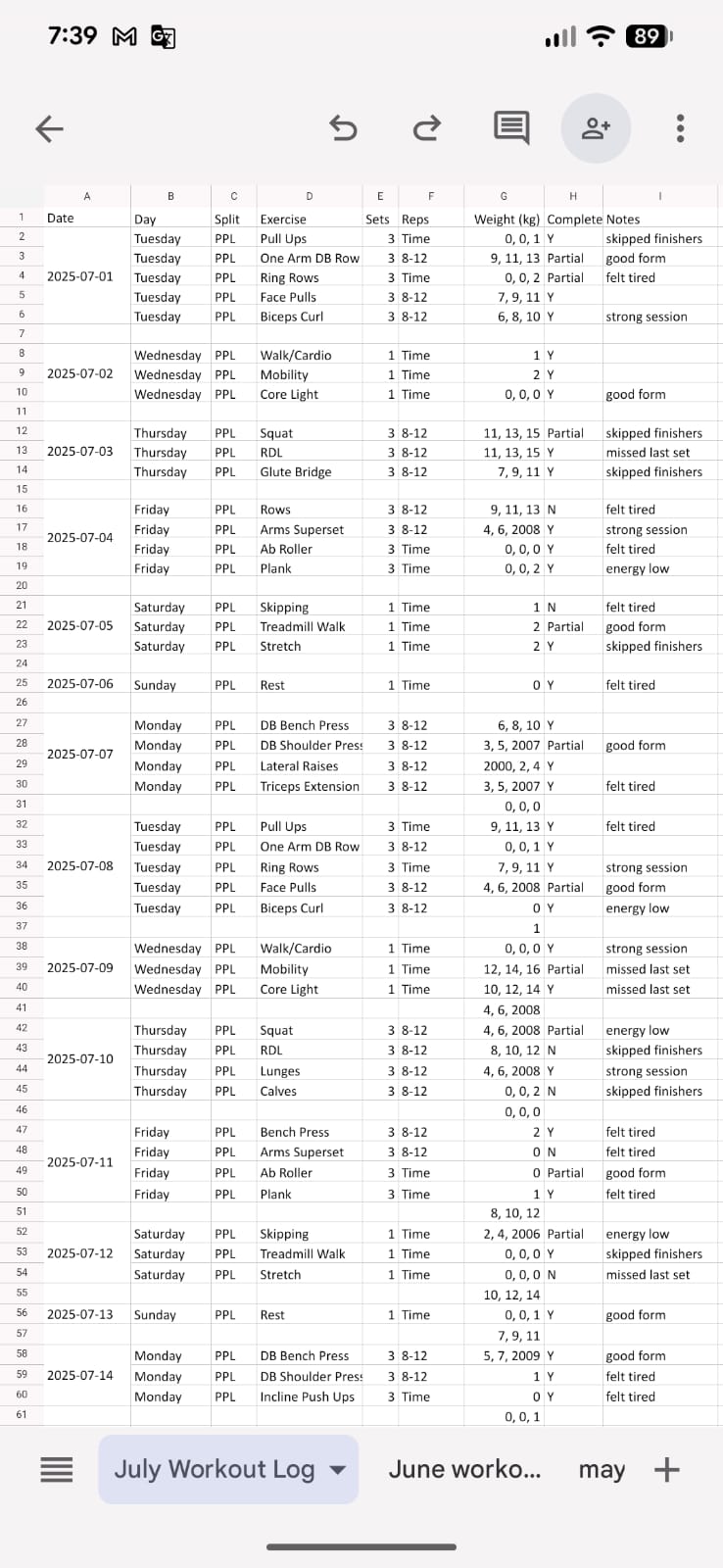 The original hand-maintained workout spreadsheet, exercises down the rows, weight and reps filled in by hand, one tab per month